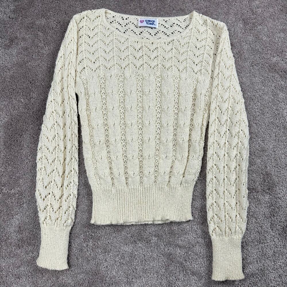 College Town Crochet Knit Sweater Size XS Cream Pointelle Vintage Cottage Twee